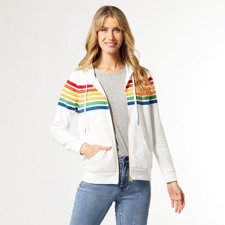 White sweatshirt with store rainbow stripe